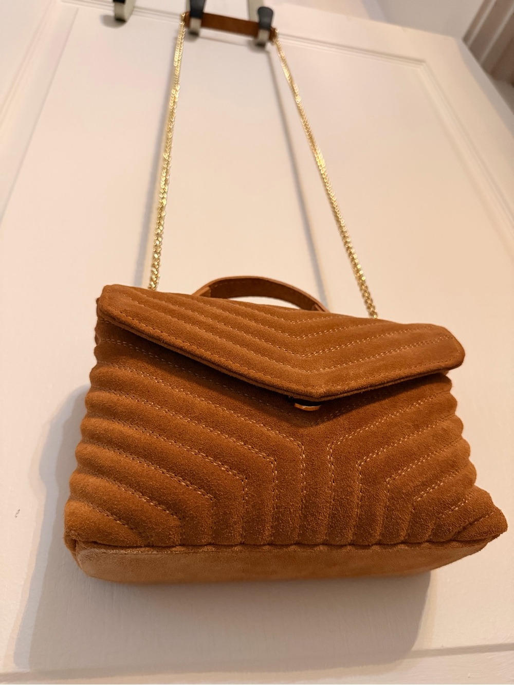 Persaman New York Suede Chevron Crossbody Bag in Cognac Brown with Gold Chain